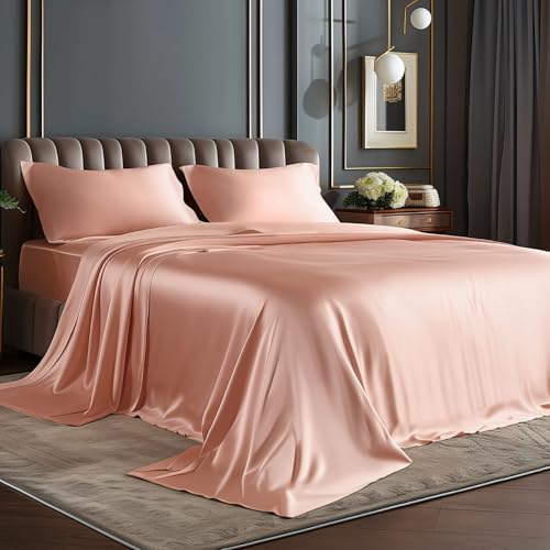 BEDELITE Satin Sheets King Size Bed Set, Coral Pink, 4 Pieces by BEDELITE