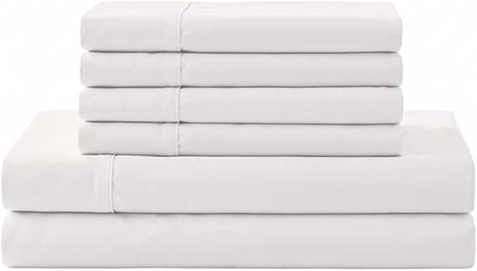 Linen Home 100% Cotton Percale Sheet Set, Cal King Size, White, Deep Pocket, 6 Pieces Set - 1 Flat, 1 Deep Pocket Fitted Sheet and 4 Pillowcases, Crisp Cool and Strong Bed Linen