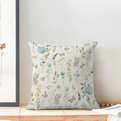 Spring Pillow Covers 16x16 Inch Set of 2, Aqua Teal Sage Green Wild Flower - Image 3