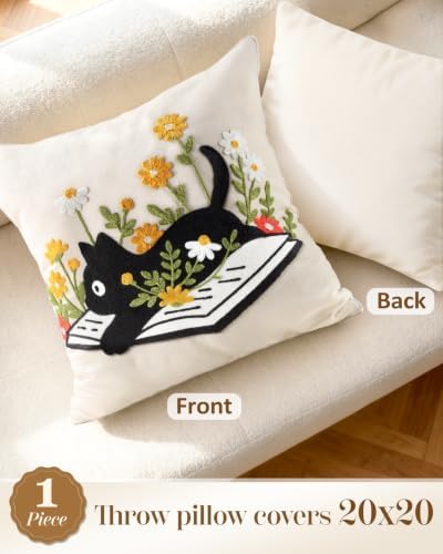 Animal Embroidered Throw Pillow Cover 20x20 Inch, Cat Floral - Image 4