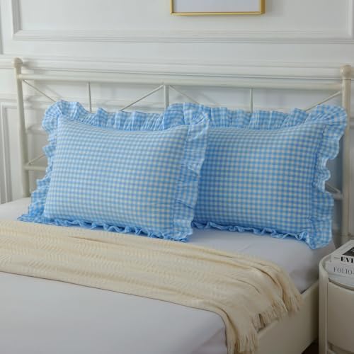 Mywinlle Vintage Sky Blue Plaid Ruffle Pillow Shams Standard Size Set of 2 by Mywinlle