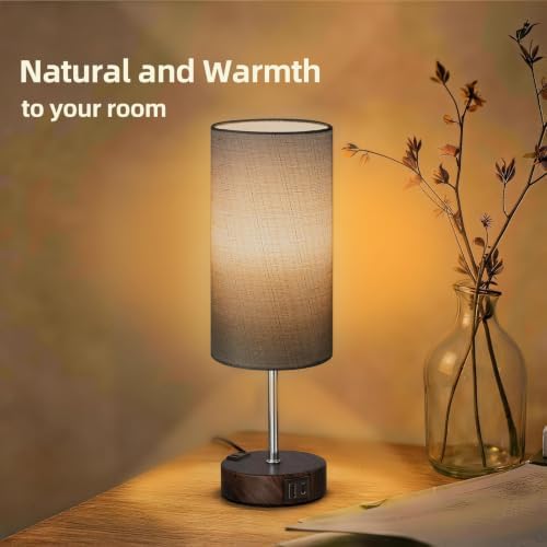 Table Lamp, Dimmable Touch, AC Outlet, USB A+C (Grey&Walnut) - Image 6