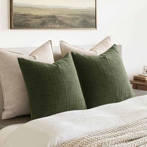 MIULEE Linen Plaid Pillow Covers Decorative 18x18 Dark Olive Green - Image 5