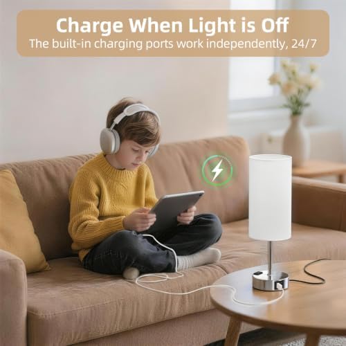 Table Lamp, Dimmable Touch, AC Outlet, USB A+C (White&Silver) - Image 6