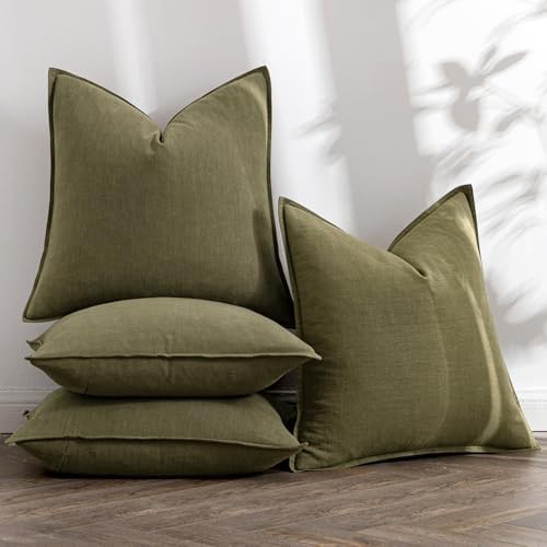 MIULEE Olive Green Boho Linen Pillow Covers 20x20 Inch Pack of 4 - Image 5