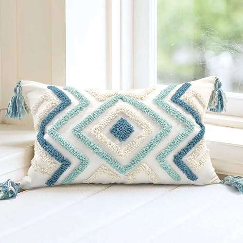 Lumbar Boho Pillow Covers 12x20 Tufted Teal by LOOPUINHOM