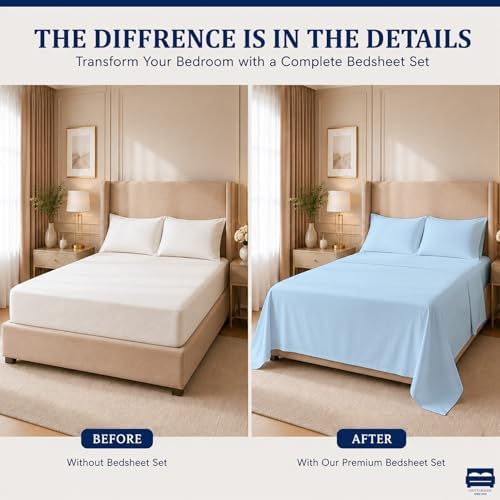 Cottingon 4 Piece Twin Sheets Fits 16" Deep, Egyptian Cotton, Light Blue - Image 4