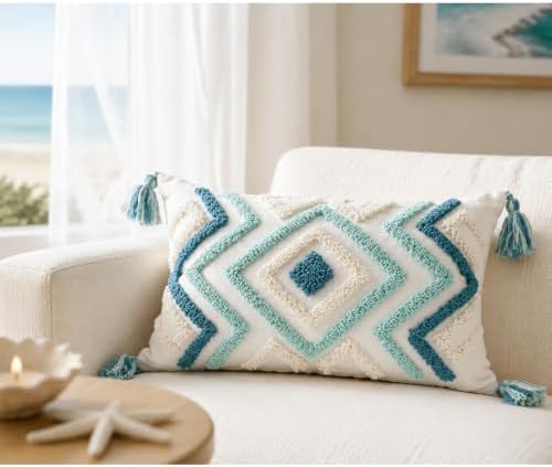 Lumbar Boho Pillow Covers 12x20 Tufted Teal - Image 3