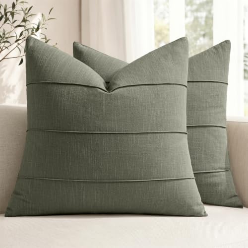 MIULEE Euro Decorative Linen Throw Pillow Covers 24x24 Olive Green Striped by MIULEE