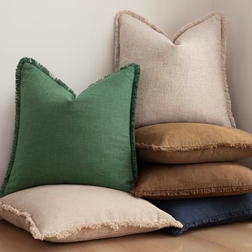Foindtower Decorative Linen Fringe Throw Pillow Covers 22×22 Pine Green - Image 6