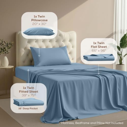 Twin Sheets Set, 3 Pieces 16" Deep Pocket Hotel Luxury Sheets, Dutch Blue - Image 2