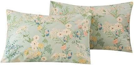 ECOCOTT Sage Green Floral Pillowcases Queen Size Set of 2, 100% Washed Cotton by ECOCOTT