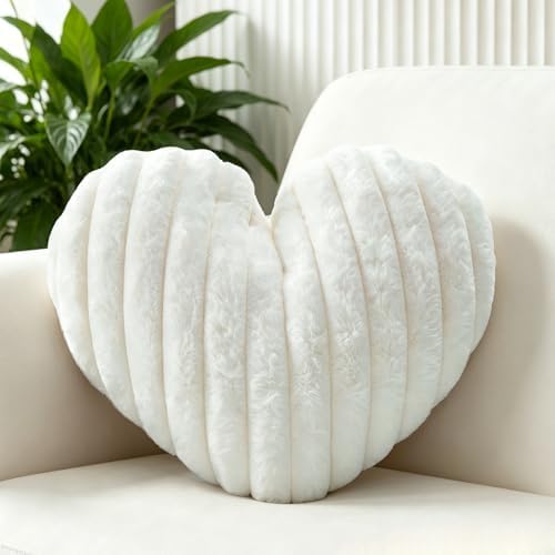 16 Inch White Heart Pillow Cute Fluffy Decorative Throw Pillows by Nmkopzy