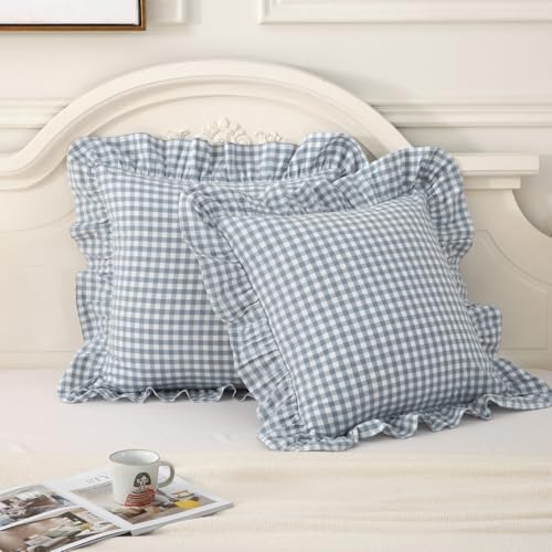 Mywinlle Blue Plaid Ruffle Gingham Throw Pillow Covers 18"x18" Set of 2 by Mywinlle
