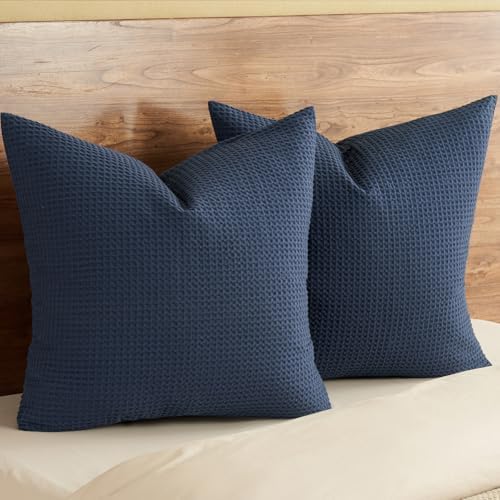 PHF Cotton Waffle Throw Pillow Covers 24" x 24", Dark Navy, No Insert by PHF