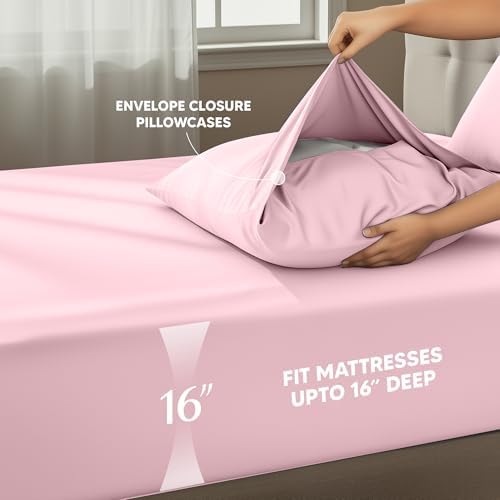 Queen Sheet Set, 4 Pieces 16" Deep Pocket Hotel Luxury Sheets, Crystal Pink - Image 4