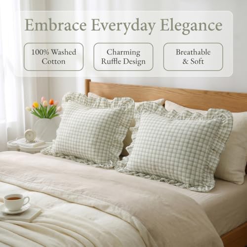 Mywinlle Muted Sage Green Checkered Plaid Pillow Shams - Image 2