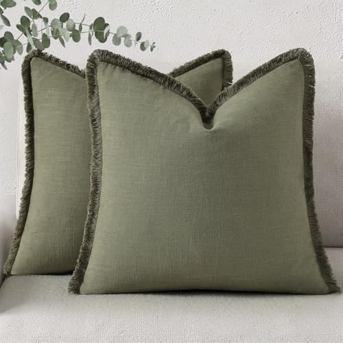 decorUhome Linen Fringe Olive Green Throw Pillow Covers 20x20 Set of 2 by decorUhome
