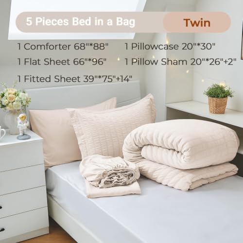 MUXHOMO 5 Pieces Twin Comforter Set, Seersucker Bed in a Bag Twin Size - Image 5