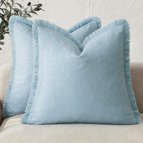 Foindtower Decorative Linen Fringe Throw Pillow Covers 24×24 Light Blue by Foindtower