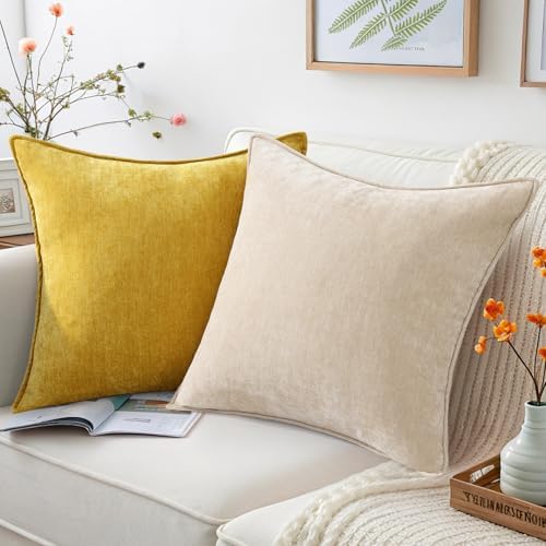 decorUhome Chenille Mineral Yellow Throw Pillow Covers 18x18 Set of 2 - Image 5
