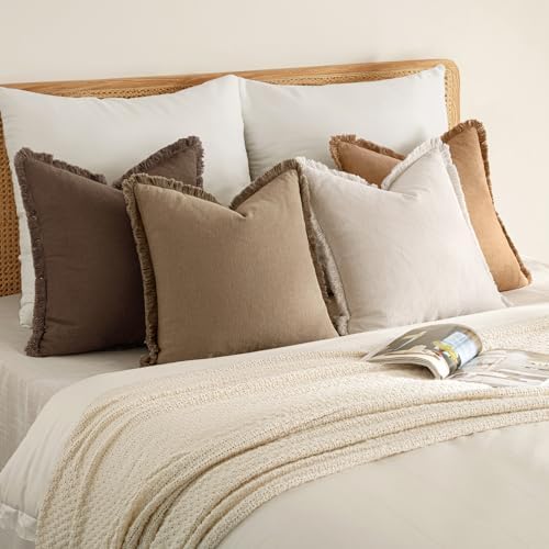MIULEE Fall Linen Fringe Pillow Covers Set of 4 18x18 Neutral Brown - Image 4