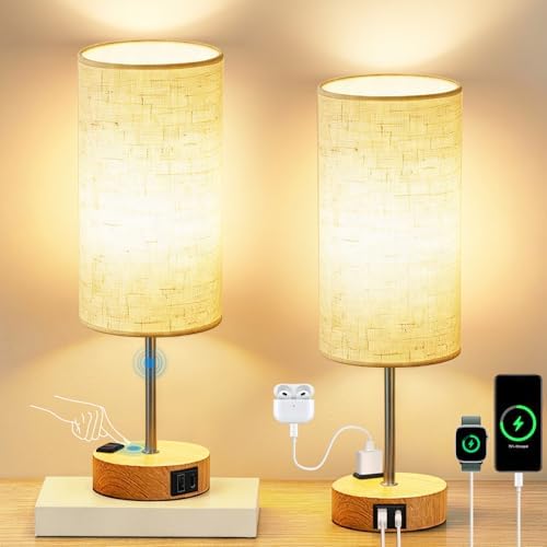 2PCS Table Lamp for Bedroom, Dimmable Touch, AC Outlet, USB A+C by Unknown