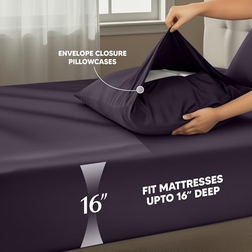 Twin Sheets Set, 3 Pieces 16" Deep Pocket Hotel Luxury Sheets, Dark Purple - Image 4