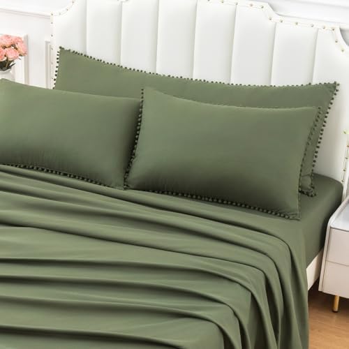 Pom Poms Pillow Shams Body Size, Olive Green Decorative Pillowcases - Image 5