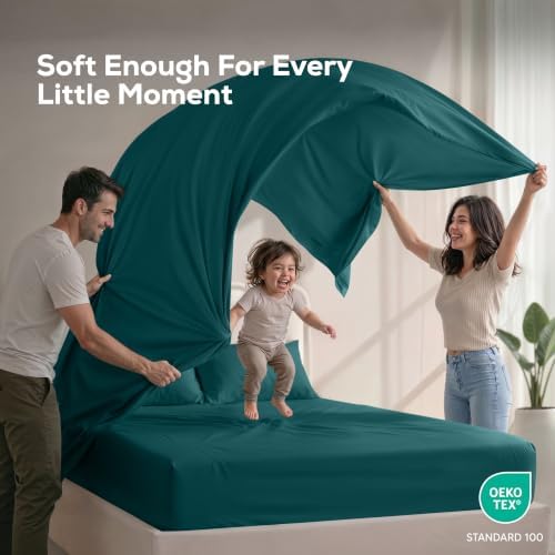 Full Sheets Set, 4 Pieces 16" Deep Pocket Hotel Luxury Sheets, Teal Green - Image 5