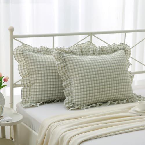 Mywinlle Muted Sage Green Checkered Plaid Pillow Shams by Mywinlle