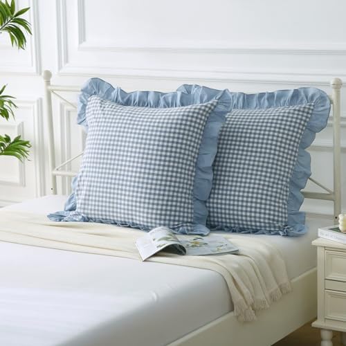 Mywinlle Dusty Blue Plaid Ruffle Gingham Throw Pillow Covers 18"x18" - Image 2