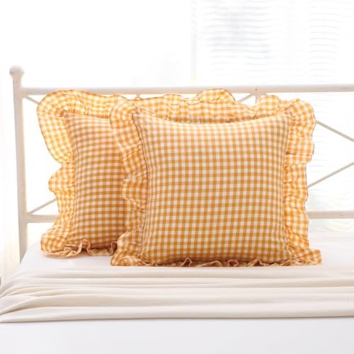 Mywinlle Mustard Yellow Gingham Ruffle Throw Pillow Covers 20"x20" - Image 2