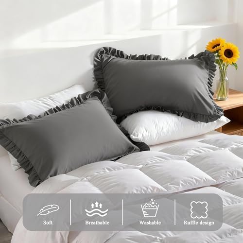 Ruffled King Pillow Shams, 2 Pack, 20x36 Inches, Dark Grey - Image 4