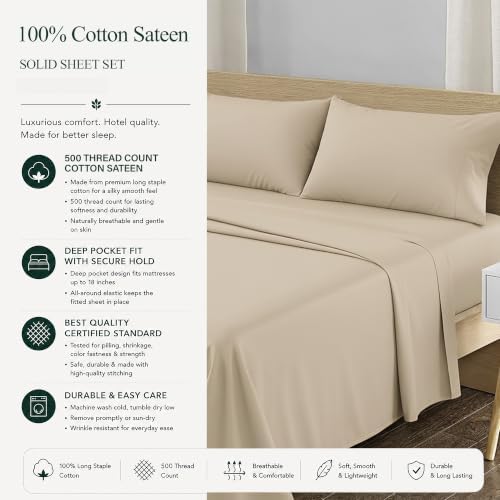 Feather & Stitch 100% Cotton Sateen 500 TC Split King Size Bed Sheet Set - Image 6