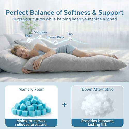 BEDELITE Cooling Body Pillow, Memory Foam Filled, Light Grey, 20x54 Inches - Image 4