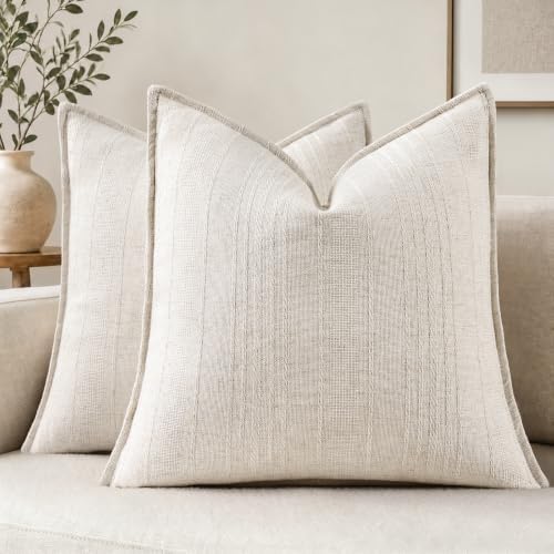 decorUhome Cream White Textured Linen Throw Pillow Covers 20x20 Set of 2 by decorUhome