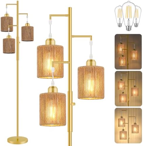 Hotsonic 72" Boho Rattan Tree Floor Lamp, Tall Dimmable Industrial Standing Lamp, Corner Decor Accent Lighting for Living Room, Bedroom, Dining Room, Nursery, Cafe (3 x 800LM Bulbs Included) - Gold by Hotsonic