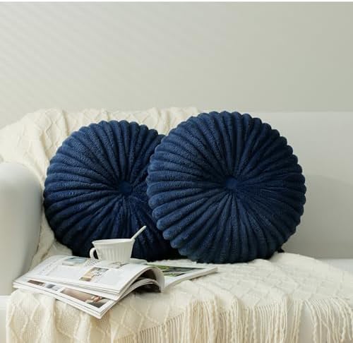 HIG Set of 2 Navy Flannel Decorative Round Pleated Throw Pillows by HIG