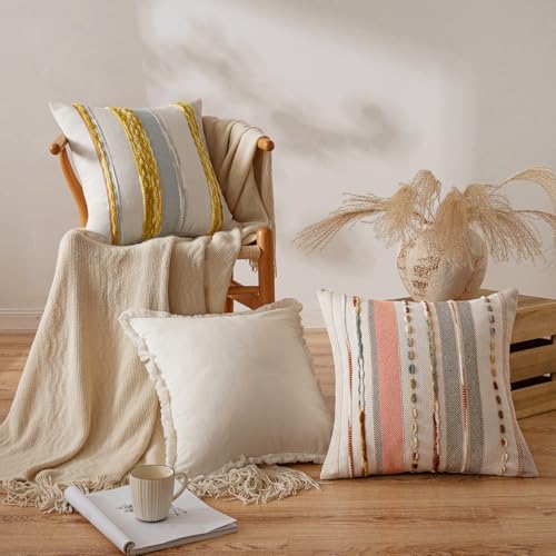 ANRODUO Boho Decorative Throw Pillow Covers Pink Stripe 18x18 Pack of 2 - Image 2