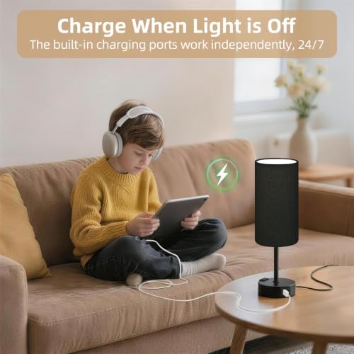 Bedside Table Lamp, Dimmable Touch, AC Outlet, USB A+C (Black) - Image 6