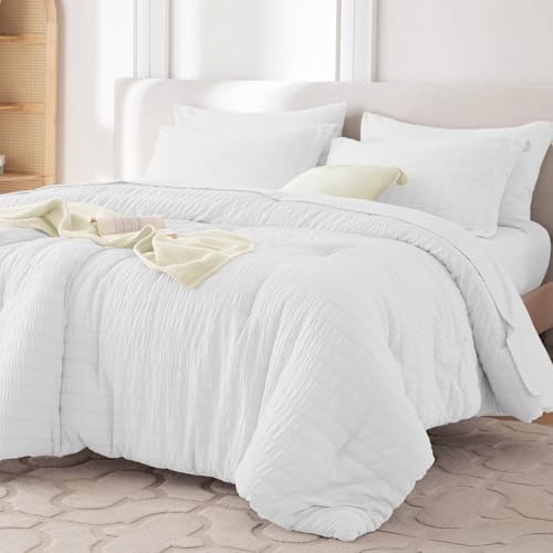 MUXHOMO 7 Pieces Oversized Queen Comforter Set, Seersucker Bed in a Bag by MUXHOMO
