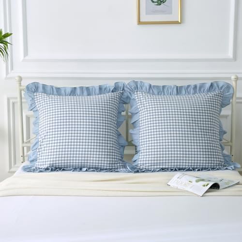 Mywinlle Dusty Blue Plaid Ruffle Gingham Throw Pillow Covers 18"x18" - Image 5