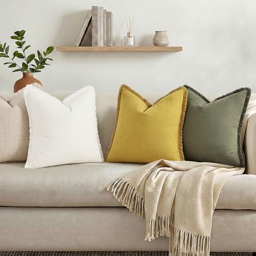 decorUhome Linen Fringe Mustard Yellow Throw Pillow Covers 16x16 Set of 2 - Image 6