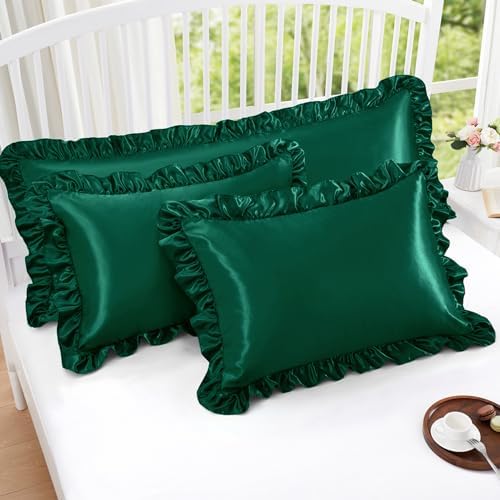 Homiest Blackish Green Ruffle Satin Pillowcase Set of 2 - Image 5