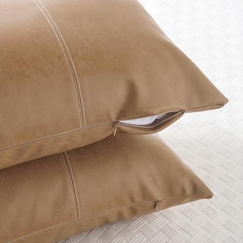Fancy Homi Light Brown Boho Long Lumbar Faux Leather Decorative Throw Pillow - Image 4