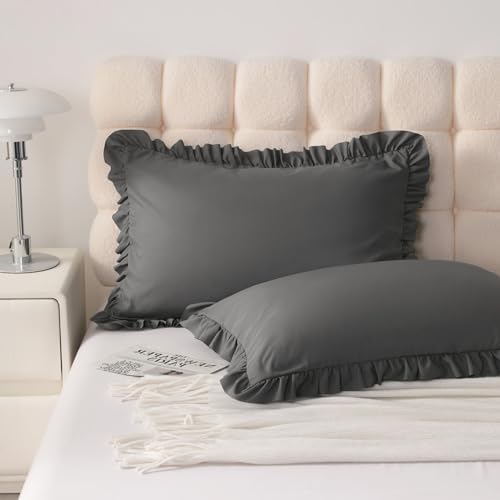 Ruffled Queen Pillow Shams, 2 Pack, 20x30 Inches, Dark Grey - Image 2