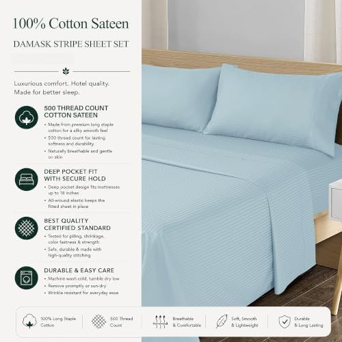 Feather & Stitch 100% Cotton Sateen 500 TC Queen Size Bed Sheet Set - Image 6