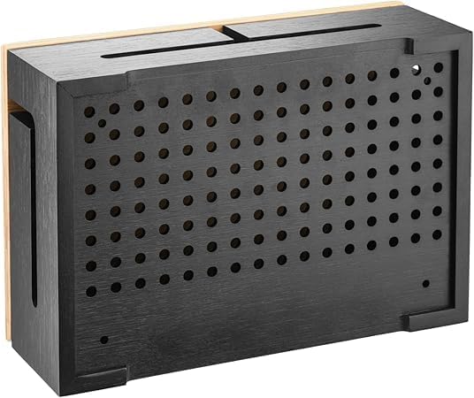 Bamboo Cable Management Box with Magnetic Lid - 12,6x7,9x4.3 in - Durable Cable Organizer to Hide Cords & Power Strip - Wall Mountable - Including Hardware - for Home, Office, Desk & More (Black)