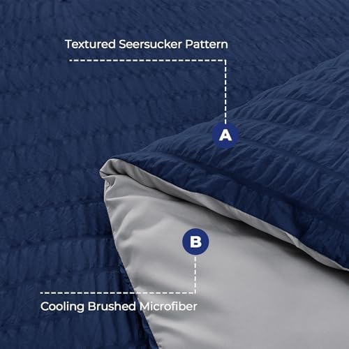 HYMOKEGE Navy Blue/Light Grey Oversized Queen Comforter Set Seersucker 7 Pieces - Image 4